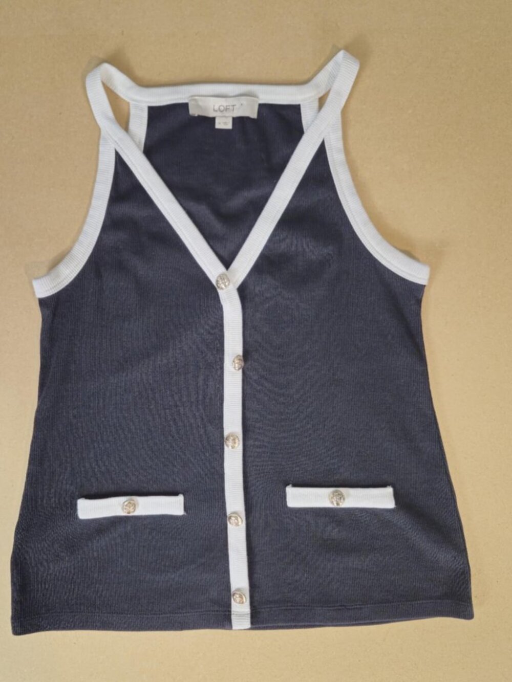 LOFT Ribbed Tank Top M Black White Trim Gold Buttons Preppy Nautical Minimalist